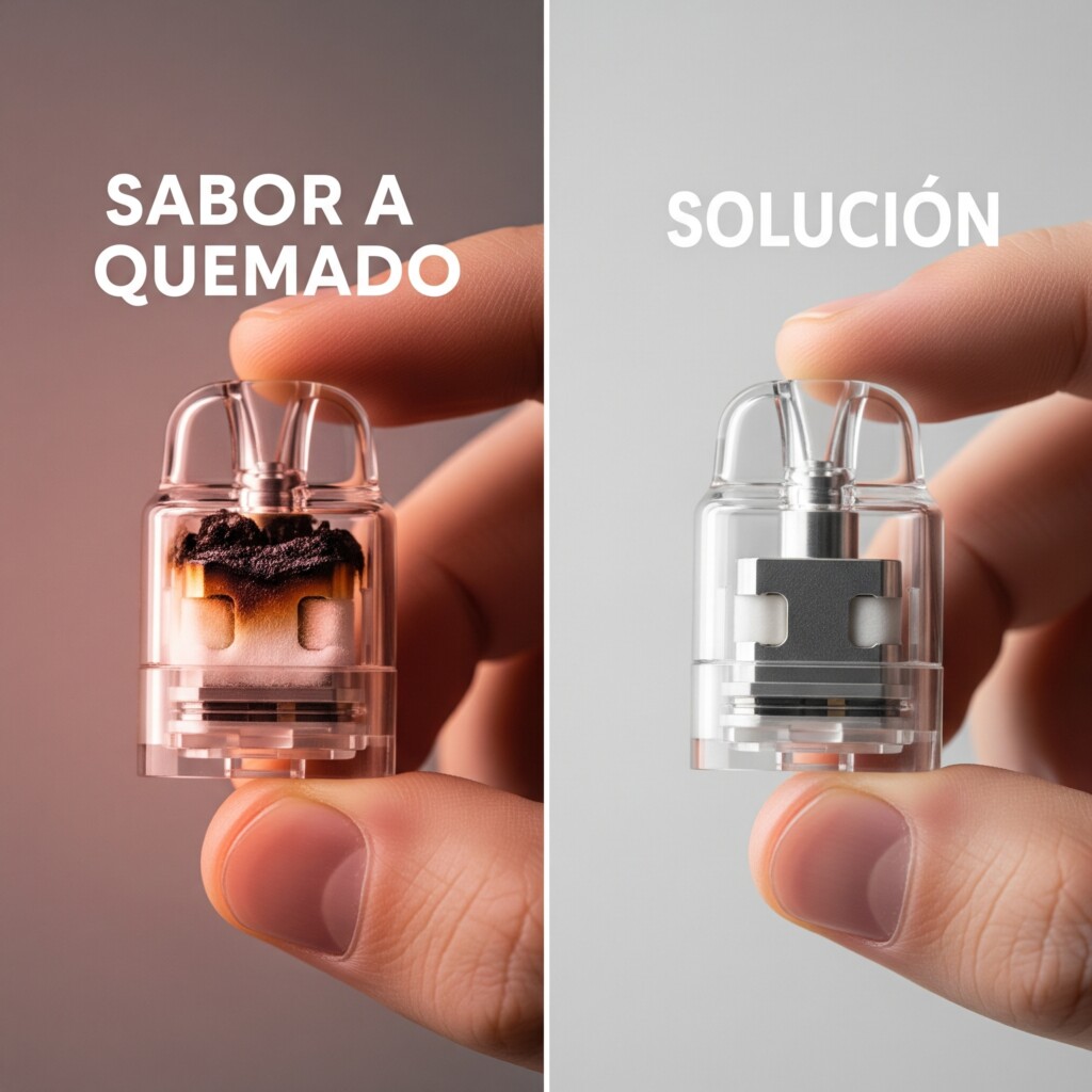 Imagen dividida de una resistencia de vaper de pod quemada (izquierda) y una resistencia nueva (derecha) con los textos "SABOR A QUEMADO" y "SOLUCIÓN".
